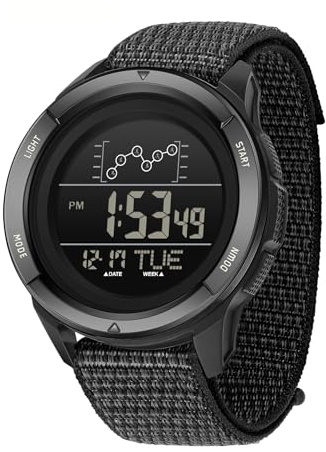 Gosasa Men's Digital Sports Watch with Velcro Buckle, Military Style Nylon Strap, Waterproof 5ATM Outdoor Tactical Watch with Dual Time, Alarm, Stopwatch, Backlight (Black)