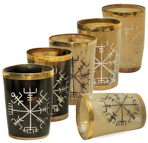 Lot de 6 verres à shot Viking fabriqués à la main à partir de véritable corne de bœuf – 90,7 g – Gobelets nordiques gravés pour whisky, hydromel ou bar – Comprend une pochette cadeau pour un affichage