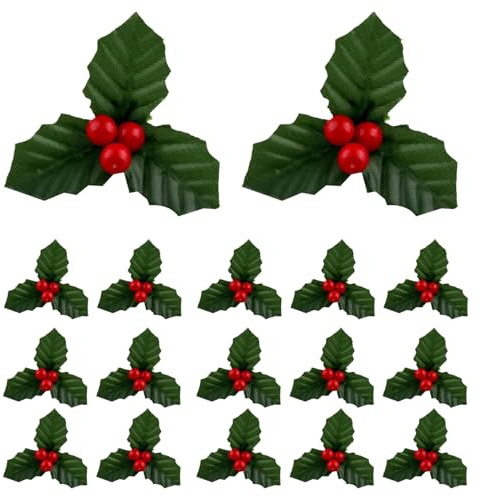 SMASOLO 50 Steli di Bacche Natalizie Finte con Foglie di Agrifoglio Verdi da 7 CM Riempitivi per Vasi e Ghirlande Natalizie Decorazioni per Feste e Centrotavola Rami Artificiali
