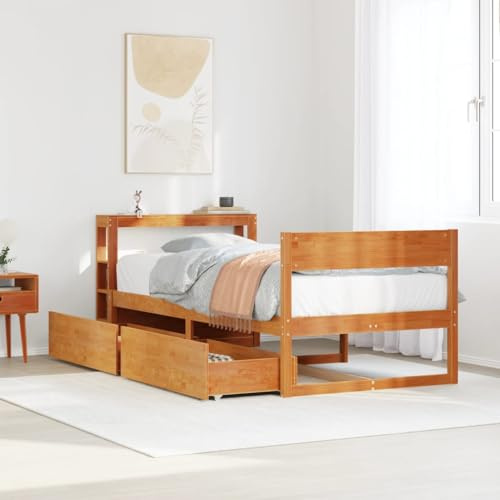 Ziaphsol Massivholzbett ohne Matratze, Wachsbraun 100x200 cm Kiefernholz, mit 2 Schubladen, Kopfteil Ablagen, Stabiler Lattenrost, für Schlafzimmer Möbel