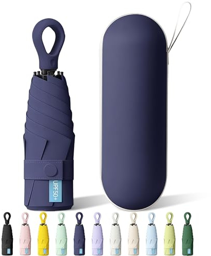 FWHFNB Taschenschirm, 6 Rippen Mini Regenschirm,UV-Regenschirm, Taschenschirme Mit Ringgriff und Kapselhülle, für Männer und Frauen (Marineblau)