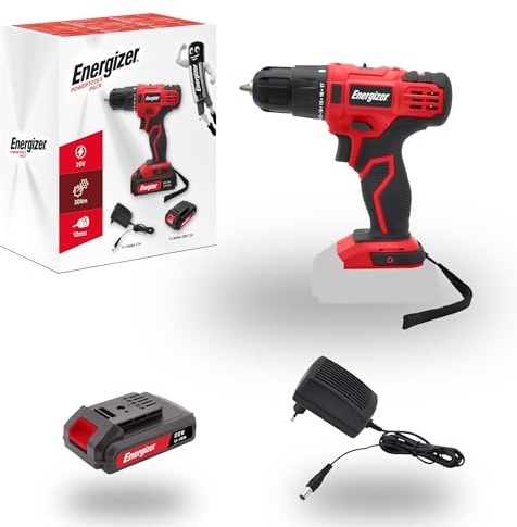 Energizer Trapano avvitatore senza fili 20 V, 30 Nm, 25 + 1 impostazioni di coppia, 2 velocità, LED, batteria 2,0 Ah e caricabatterie inclusi, per fai da te, rosso