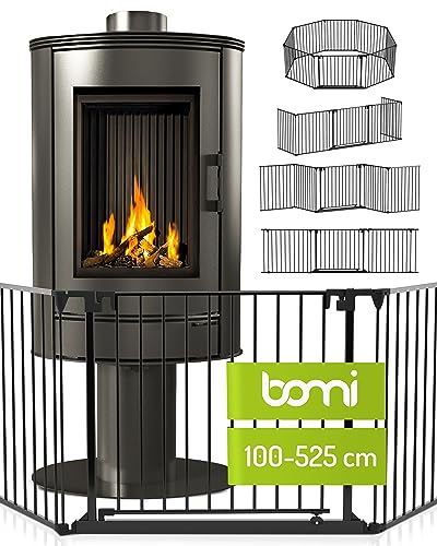 BOMI Kinderschutzgitter Kamin Milo bis 525 cm | XXL Tür: 75 cm Ofengitter | Kinderschutz Kamingitter ohne Bohren | Kaminabsperrung Gitter | Ofen Schutz für Kinder freistehend | Kaminschutzgitter Baby