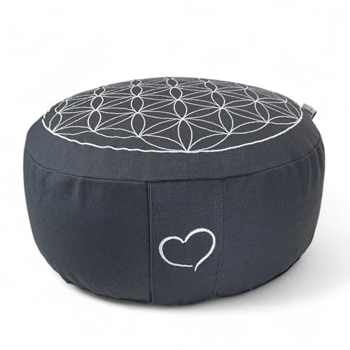maylow Yoga mit Herz Yogakissen Meditationskissen Stickerei Blume des Lebens 33x15 cm für Anfänger und Geübte Bio-Dinkelspelz Füllung Bezug und Inlett Baumwolle waschbar (grau)