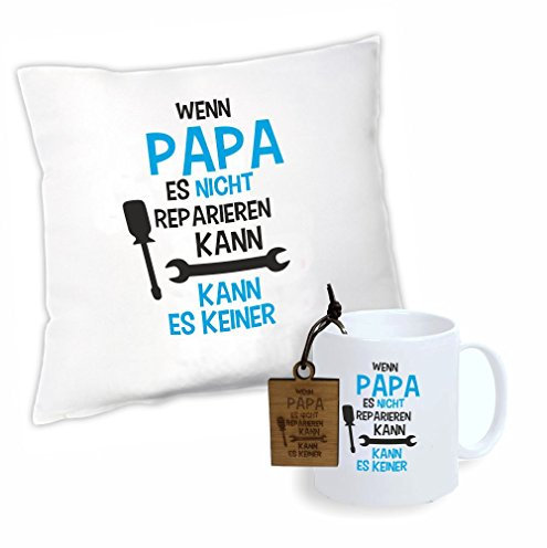 4youDesign Set Kissen + Tasse + Schlüsselanhänger Wenn Papa es Nicht reparieren kann, kann es keiner - Vatertag Geburtstagsgeschenk - Geschenk-Set- Vater - für ihn - Idee