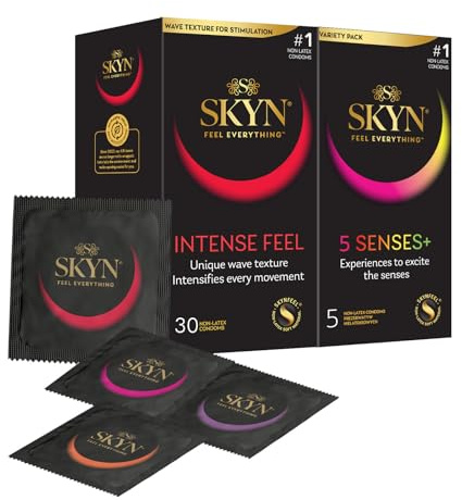 SKYN Intense Feel (30 Stück) & 5 Senses (5 Stück) | Ultradünn, gerippt & genoppt, Cocktailgeschmack, wärmender Effekt & Kühleffekt, latexfrei, Standardgröße, 53 mm breit