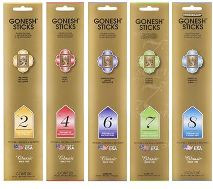 Gonesh - Classic Incense Sticks Variety Pack - Non-Toxic 10” Slow Burn Aromatic Sticks - No. 2, 4, 6, 7 and 8-5 Packs of 20