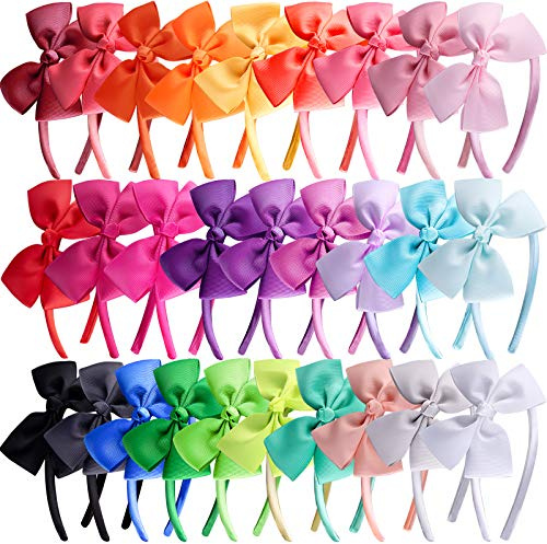 SIQUK 28 Pieces Bow Headbands Grosgrain Ribbon Headband with Bow Hair Bows Hair Bands for Girls, 28 Colors