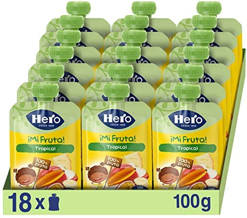 Hero Baby Mi Fruta Bolsitas de Fruta sabor Tropical - Para Bebés a Partir de los 12 Meses - Pack de 18 x 100 g