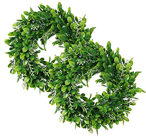 2 Packs Artificial Green Leaves Wreath - 11 inch Artificial Boxwood Wreaths with White Flower for Window Wall Wedding Decor