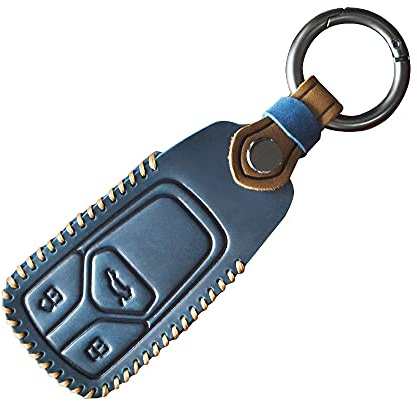 HIBEYO For Audi Key Fob Cover Leather Full Protection Key Fob Case Compatible with Audi A4 A5 Q7 Q5 TT TTS S4 S5 RS4 RS5 Keyless Entry 3 Button Car Smart Remote Key Anti-dust Shell Keychain-Blue