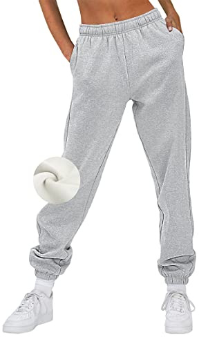 AUTOMET Damen Casual Baggy Fleece Sweatpants Hohe Taille Jogginghose Athletic Lounge Hose mit Taschen, GRAU, M