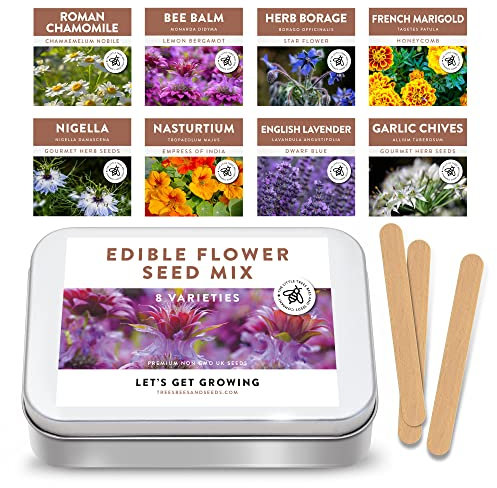 Gourmet Edible Flower Seed Kit - 8 Varieties of Flower - Bee Balm, Blue Borage, Chamomile, French Marigold, Garlic Chives, Lavender, Nasturtium Nigella - Durable - Vibrant Colour Flavour