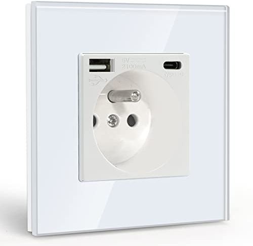 BSEED Prise Murale avec USB et 1 Type C,16A Prise de Courant Alternatif avec Panneau en Verre,Multiprise Murale Max 2.1A,Convient au Smartphone, à la Tablette (Blanc)