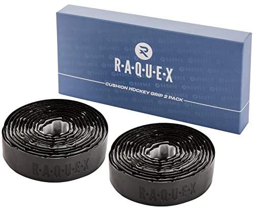 Raquex Impugnatura per mazze da hockey in poliuretano, confezione da 2: nastro adesivo super aderente, morbido e assorbente, lunghezza extra lunga, con scatola di plastica riciclabile (2xnero)