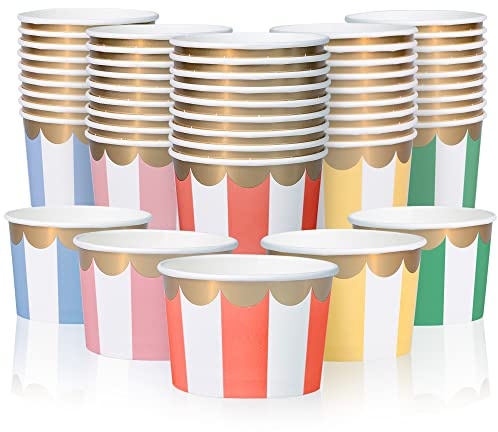 MATICAN Papier-Eisbecher – 50 Stück 270ml Einweg Dessertschalen für heiße oder kalte Speisen, Partybecher für Eis, Frozen Joghurt, Suppe, 5 Farben Pastellstreifen mit gewellter Goldfolie