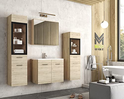 MINIO go for it - Ensemble de Meubles De Salle de Bain 4 Pièces Marit 2 I Élément Mural Moyen Et Grand sans Éclairage LED I Meuble Miroir Mural I Meuble avec Lavabo I Chêne San Remo