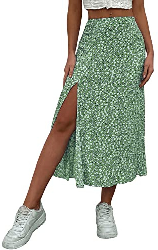 GORGLITTER kjol damer sommar lång kjol med blommig kjol med slits A-linje kjol blommig kjol blommig kjol med hög midja, Grön, S