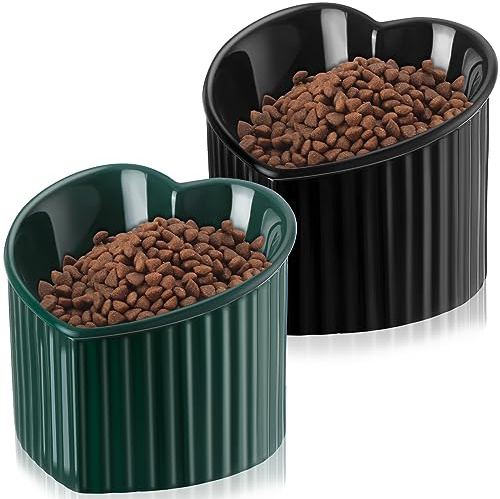 Mumufy Erhöhte Keramik-Näpfe für Katzen, geneigt, erhöht, Anti-Erbrechen, Katzennapf für den Innenbereich, stressfrei, Wassernapf für Welpen, herzförmig, Pfauengrün, Schwarz, 2 Stück