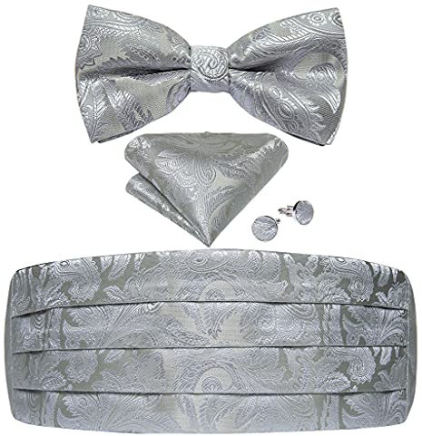 RWRAPS Herren-Smoking-Kummerbund, Silberne Seidenfliege, Hand- und Manschettenknöpfe, Set, formelle Hochzeit, Party, Kummerbund (Farbe: Silber, Größe: Einheitsgröße) (Silber, Einheitsgröße)