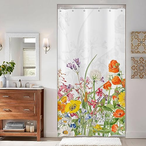 ASDCXZ Tenda da doccia a fiore 90x180 cm, Primavera Viola Giallo Arancione Blu Rosa Fiori Foglie Bagno Lavabile Stretta Tende da doccia con occhielli Poliestere Tessuto Impermeabile Tenda da doccia
