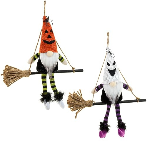 Halloween Dekoration Besen Gesichtslose Hexe Anhänger GNOME Zwerge Wichtel Figuren,Halloween Wichtel Deko Hängend Elfenpaar Rudolph Puppe Wandhänger Dekor Niedlichen Zwerge Figuren Tischdeko (2 Stück)