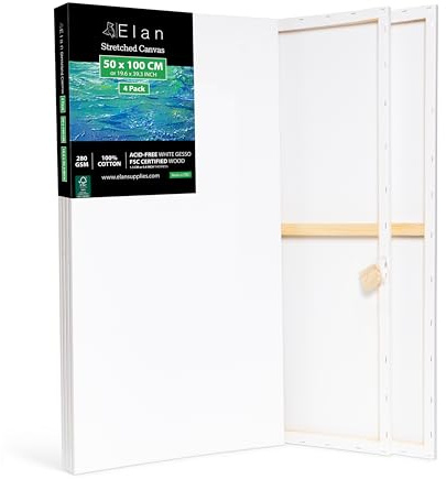 Elan Keilrahmen Leinwand 50x100, 4er Set Leinwände zum Bemalen 280g/m² | 4er-Set 50x100 CM, 100% Baumwolle Leinwand zum Bemalen, Säurefrei, Dreifach Grundiert für Acrylfarben, Gouachefarben