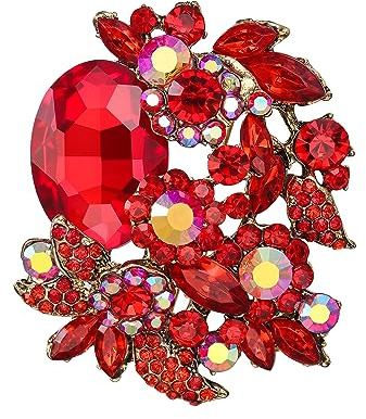 EVER FAITH Damen Österreichische Kristall Party Blume Blatt Rebe Anhänger Brosche Rot-Gold-Ton