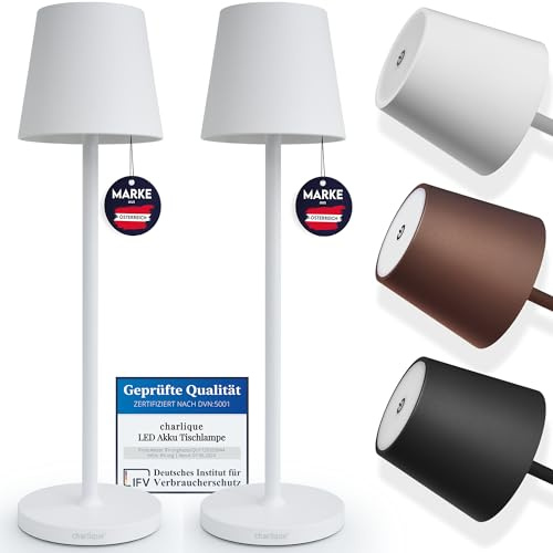 charlique® LED Tischlampe kabellos (Doppelpack) - Dinner Light weiss 38 cm - Premium Akku Tischleuchte mit USB, aufladbar, warmes Licht, indoor & outdoor geeignet