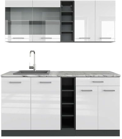 Vicco Singleküche R-Line, Weiß Hochglanz/Anthrazit, 160 cm | 6 Module · Höhenverstellbare Füße · AP Marmor inkl. · Robuste Fronten · Mit offenen Regalen · Frei kombinierbar