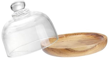 Yardenfun glass container with glass dome mini dessert tray wooden cake stand for cake decoration food storage container 10.5 cm