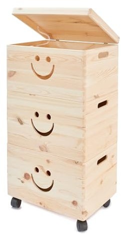 Pinus - Spielzeugkiste Holz mit Deckel 3-in-1, Spielzeug Aufbewahrung Lächeln, 39x30x74 cm, Aufbewahrungsbox Kinderzimmer auf Rädern, Spielkisten Aufbewahrung Kinder, Holztruhe Kinderzimmer