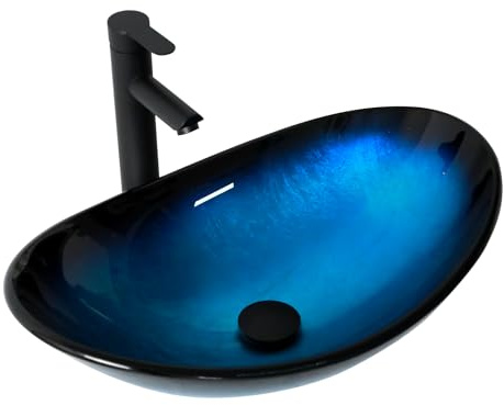 Lofeyo 21''x14'' Blue Glass Vessel Sink Bowl Sinks For Bathrooms with Faucet and Drain Combo Modern Boat Shape Above Counter Bathroom Vanity Sink Artistic 6 Inch Deep Basin