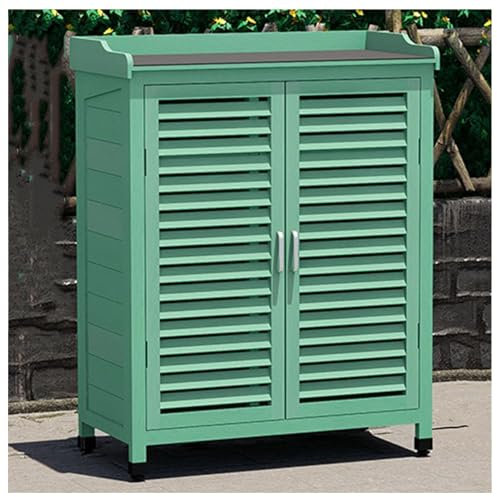 Outdoor Wooden Potting Bench Table with Waterproof Tool Shed Garden Workstation Table with Shelves and Patio Storage Cabinet Furniture