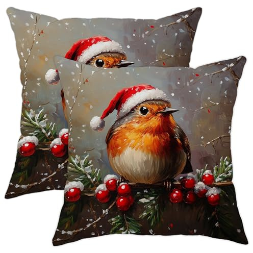 Christmas Pillow Covers Set of 2, Red Robin Bird Decorative Throw Pillows Case, Winter Holiday Home Decor Cushion Covers for Sofa Bed Couch 20x20 Inch