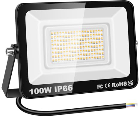YOJZMA Projecteur LED Extérieur, 100W 10000LM Lumière Éclairage de Sécurité | Sans Prise, Blanc Chaud 3000K, IP66 Étanche, Spot LED Extérieur pour Jardin Garage, Cour Terrain Sport Patio Allée Porche
