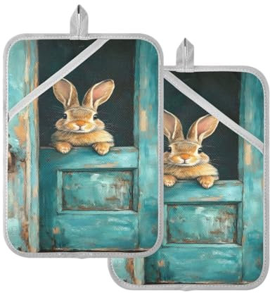 JUMBEAR Set di presine pasquali e portauova con tasca, per cucina, resistenti al calore, presina, guanti da forno e sottopentola per cuocere al forno, 17,8 x 22,9 cm
