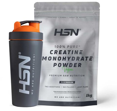 HSN Creatina Monohidrato en Polvo Sin Sabor 1Kg + SHAKER ACERO INOXIDABLE | 100% Monohidrato de Creatina Micronizada | No Incluye Dosificador | Sin Añadidos y Libre de Contaminantes