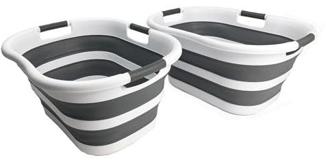 SAMMART 40L (10.5 gallon) Set of 2 Plastic Foldable Laundry Basket - Collapsible, Space Saving and Portable Laundry Hamper, Ideal for Home, Travel, Dorm, and Camping (2, White/Steel Gray)