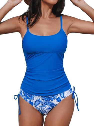 CUPSHE Tankini dam U-ringning bantning tankini medium midja dragsko tvådelad baddräkt, Kungsblå/blommor, XL