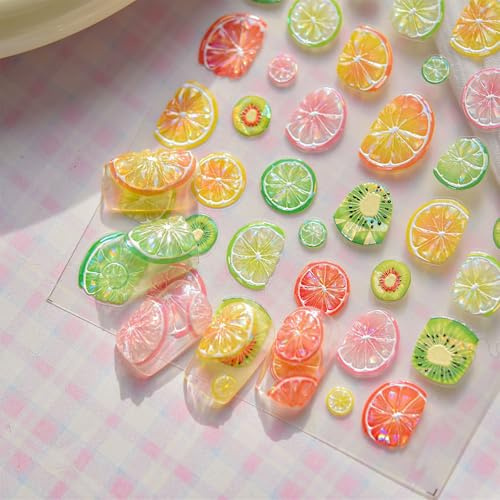 CharmBurst 2 Stück Selbstklebende Nagelsticker Sommer Früchte, Zitronen Und Kiwi Design, Nail Art Aufkleber Für Fingernägel, Nageldesign Zubehör Für Gelnägel Dekoration