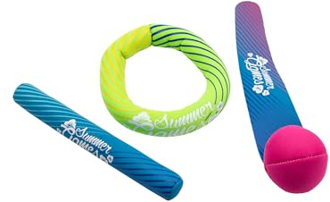 SUMMER GAMES Neopren Tauchset 3-teilig – Tauchringe & Tauchstab | Ring Ø 13 cm, Stab 23 cm, Ball mit 28 cm Schweif – für Pool, Strand & Garten ab 3 Jahren