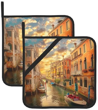 Set di 2 presine resistenti al calore, con bella vista sul canale di Venezia, presina da forno per cucina e cottura all'aperto