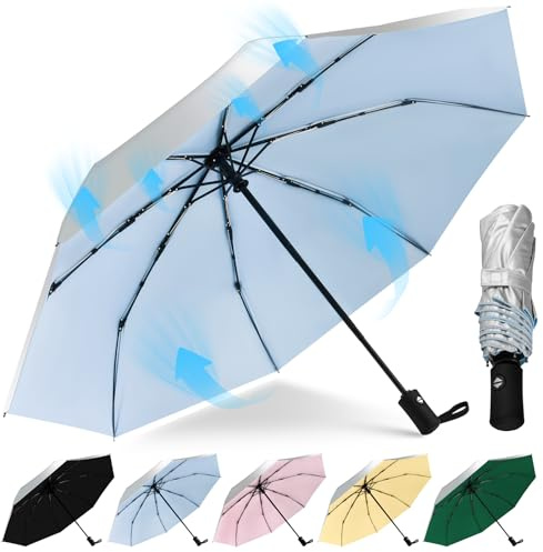 HEXSOLID Mini 40inch Regenschirm UV Schirm UPF 50+ Automatik Regenschirm Sturmfest Umbrella Reise Winddichter Wasserdicht für Herren und Damen (Silber/Blau, 18cm)