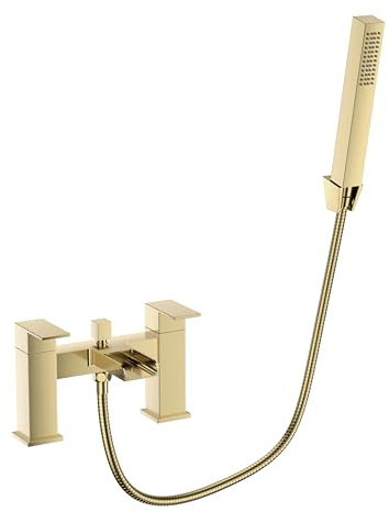 VeeBath Kinetic – Lot de 2 robinets de douche carrés cascade – Finition en laiton brossé, double levier de commande, entrée BSP G1/2, pommeau de douche et douchette à main, paire de robinets de salle