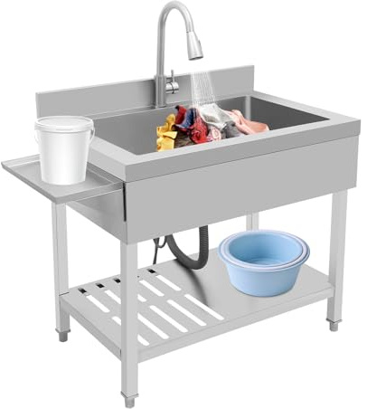 Fristående diskbänk, 90 x 57 x 94 cm, enkelhandfat, handfat i rostfritt stål, cateringdiskbänk med utdragbar kran, bärbart handfat för restaurang, tvättstuga, garage, utomhus (silver)