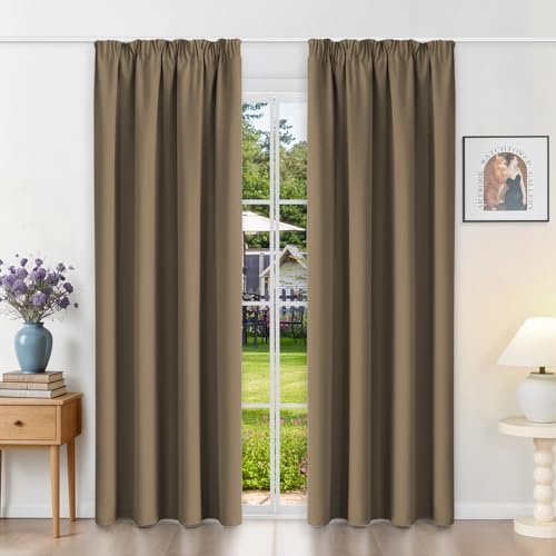 Runyéla Gardiner med veckband gardiner ogenomskinliga cappuccino mörkläggningsgardiner set om 2 220 x 140 (H x B), för skensystem, termiska gardiner, köldskydd, glidgardiner för vardagsrum, gardin
