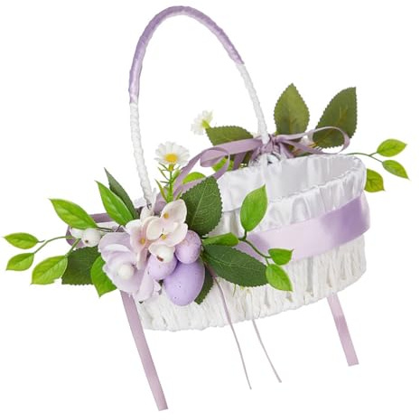 Cesta multiusos de huevos de Pascua con flores artificiales y huevos para festivales de música, picnics de primavera y reuniones de fiesta, cesta de fiesta en el patio trasero
