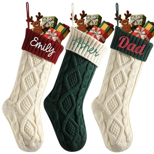 Große Weihnachtsstrümpfe mit personalisierten Namen, 45,7 cm, bestickt, individuell, zum Aufhängen, groß, Zopfstrick, Weihnachtsstrümpfe für rustikale neutrale Bauernhaus-Kamine, hängende Dekorationen