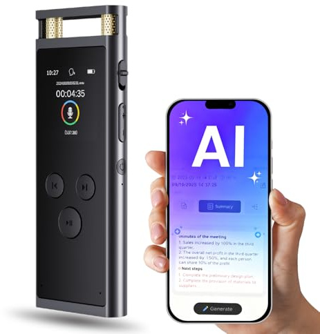 woeaozy Registratore Vocale AI 64GB con Trascrizione & Riassunto Automatico – Attivazione Vocale, Traduzione in 102 Lingue, App Intelligente iOS/Android, Registratore Digitale per Riunioni, Interviste
